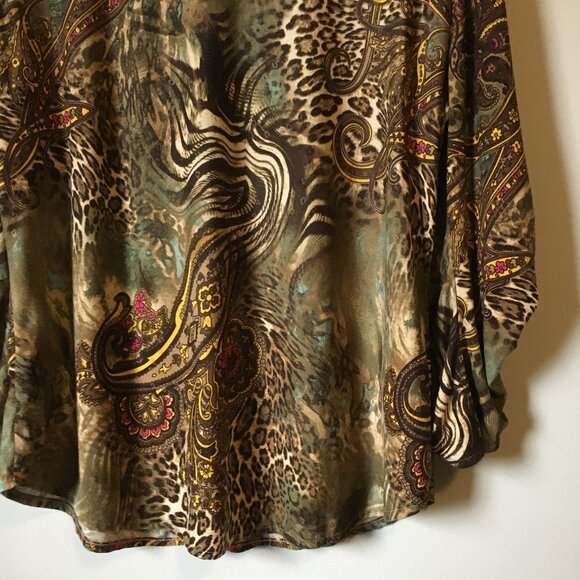 Vintage Y2K Animal Paisley Print Ruched Sleeve Button Up Top - Picture 6 of 16